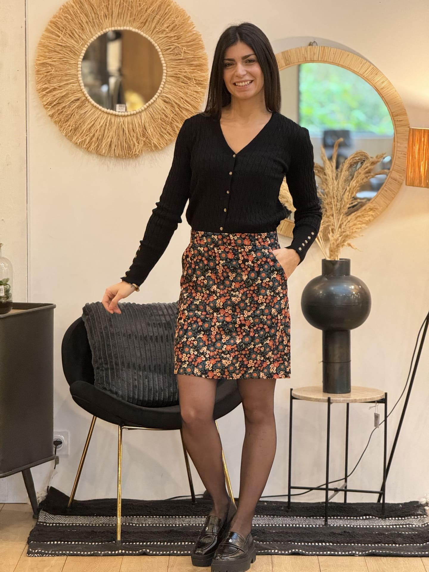 Jupe Faustine, imprimée de petites fleurs en velours côtelé